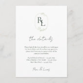 Minimale chique bruiloft wit groen monogram detail informatiekaartje (Voorkant)