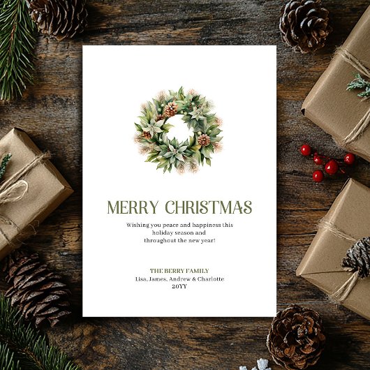 Minimale chique kerstkrans Sage Gold Schrift Feestdagenkaart
