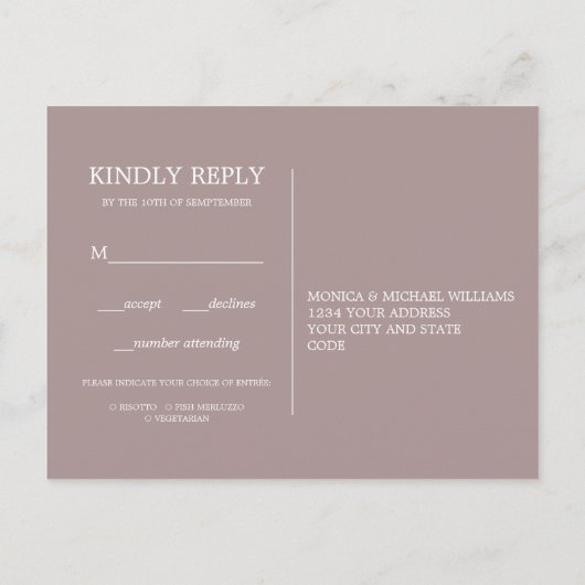 Minimale chique pruim | Bruiloft RSVP MAALTIJD KEU Uitnodiging Briefkaart (Achterkant)