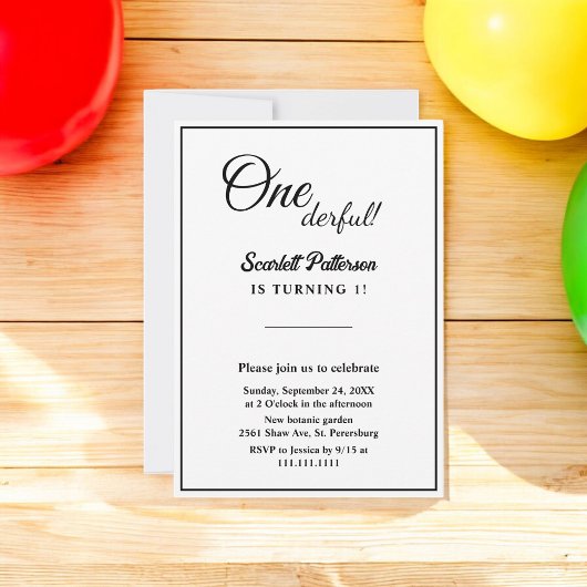 Minimale chique zwart-wit elegante 1e verjaardag kaart