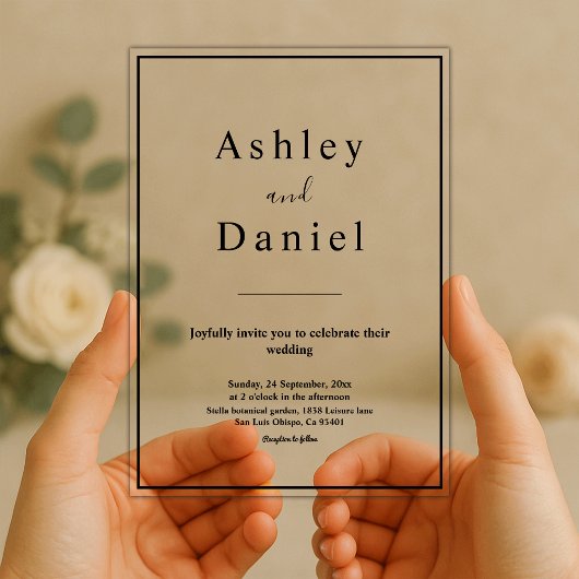 Minimale chique zwart-wit elegante bruiloft acryl uitnodigingen