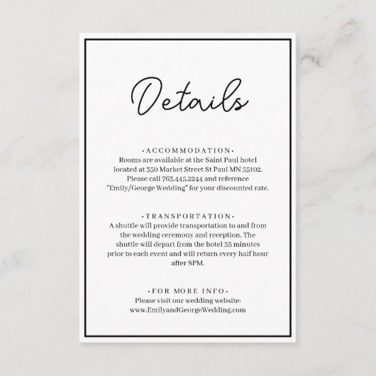 Minimale chique zwart-wit elegante bruiloft informatiekaartje (Voorkant)