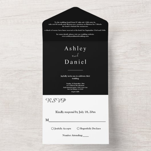 Minimale chique zwart-wit formele bruiloft all in one uitnodiging (Binnen)