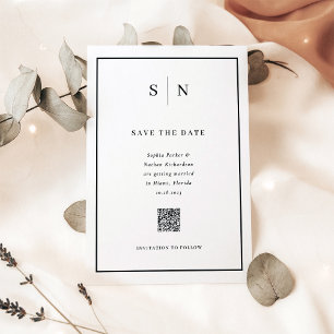 Minimale Chique Zwart-Wit QR Code Save the Date Magnetische Uitnodiging