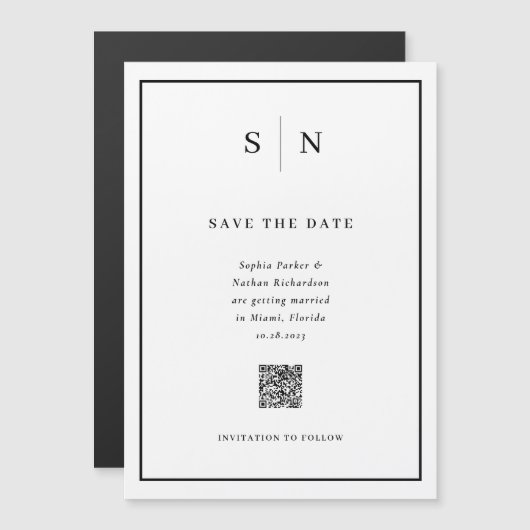 Minimale Chique Zwart-Wit QR Code Save the Date Magnetische Uitnodiging (Voorkant / Achterkant)