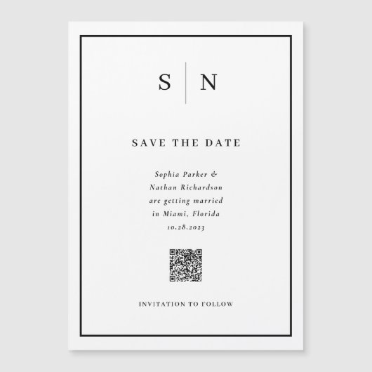 Minimale Chique Zwart-Wit QR Code Save the Date Magnetische Uitnodiging (Voorkant)