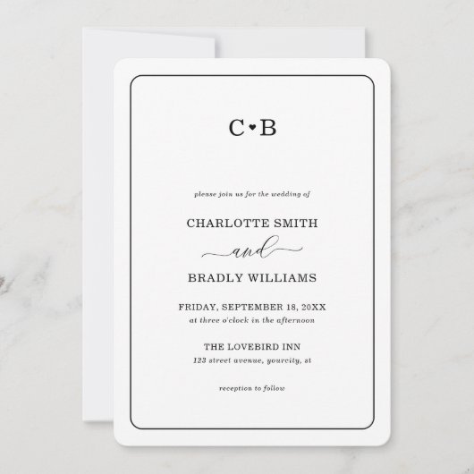 Minimale Chique Zwarte en Witte Ronde Rand Trouwda Kaart (Voorkant)