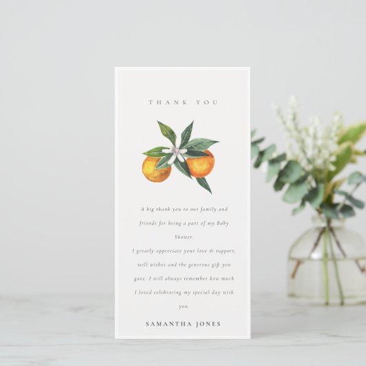 Minimale citrus oranje botanische boho baby shower bedankkaart (Staand voorkant)