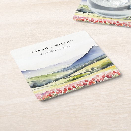 Minimale Country Spring Floral Landschap Trouwen i Kartonnen Onderzetters (Schuin)