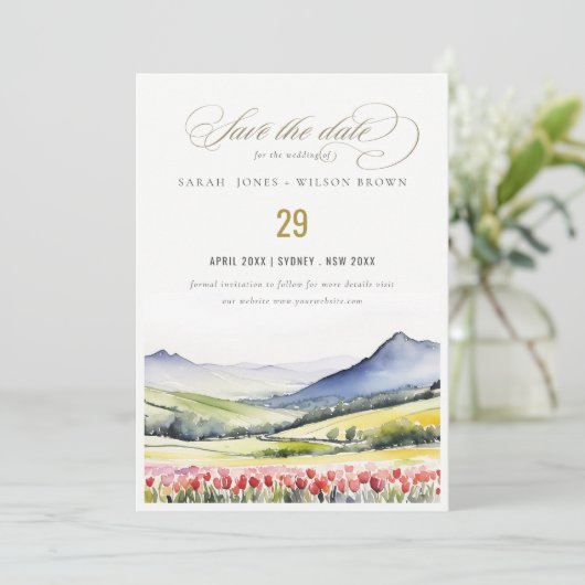 Minimale Country Spring Floral Landschap Trouwen i Save The Date (Staand voorkant)