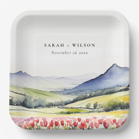 Minimale Country Spring Floral Landschap Trouwen Papieren Bordje (Voorkant)