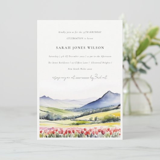Minimale Country Spring Floral Landschap Verjaarda Kaart (Staand voorkant)