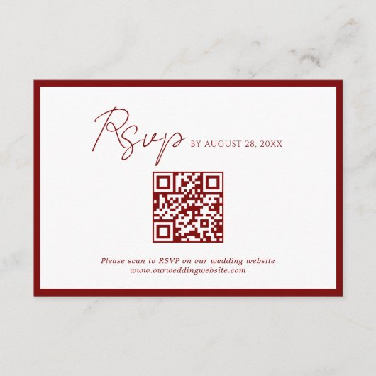Minimale Crimson Red Border QR Code Wedding RSVP Informatiekaartje (Voorkant)