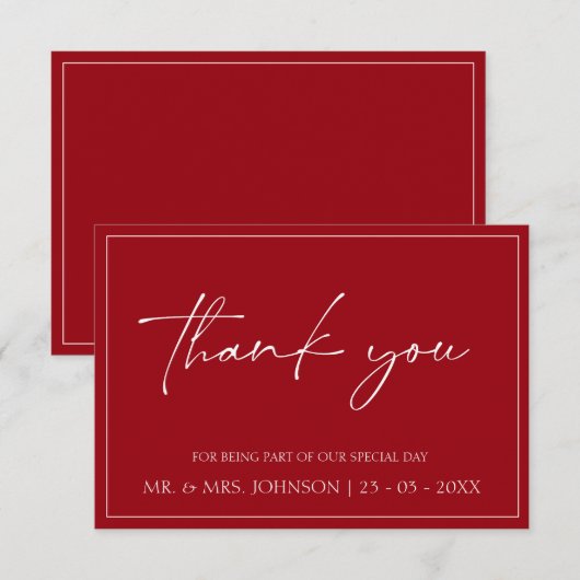 Minimale Crimson Red Script bruiloft dank u kaart (Voorkant / Achterkant)