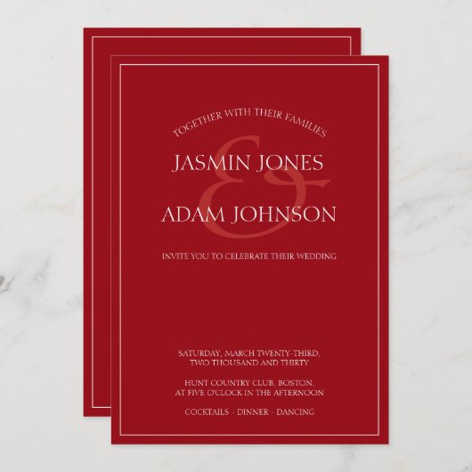 Minimale Crimson Red Script bruiloft uitnodiging (Voorkant / Achterkant)