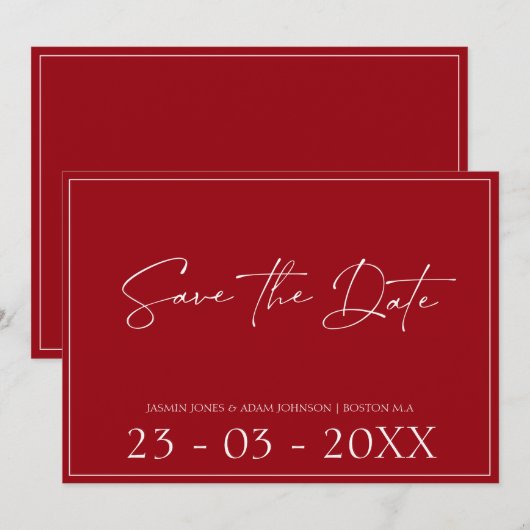 Minimale Crimson Red Script Wedding Sla de datum o Save The Date (Voorkant / Achterkant)