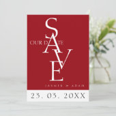 Minimale Crimson Rood Wit Eenvoudige Foto Bruiloft Save The Date (Staand voorkant)