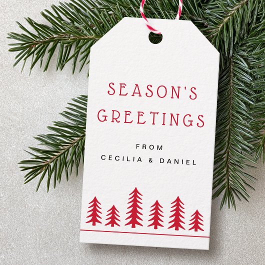 Minimale cute kerstbomen rood wit cadeaulabel