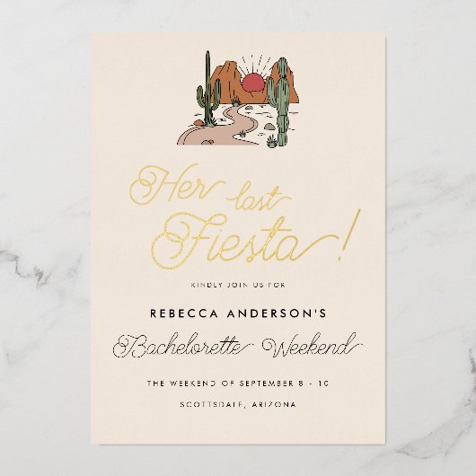 Minimale Desert Fiesta Bachelorette Weekend Goud Folie Uitnodiging (Voorkant)