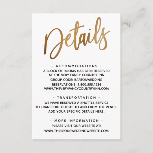 Minimale details Faux Gold Typography Wedding Informatiekaartje (Voorkant)