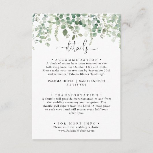 Minimale details groene eucalyptus bruiloft informatiekaartje (Voorkant)