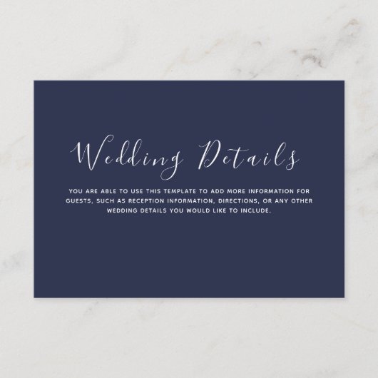 Minimale details over de marineblauwe bruiloft informatiekaartje (Voorkant)