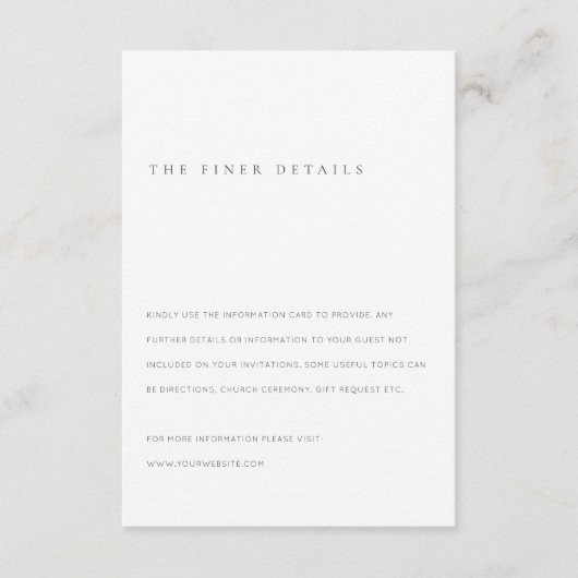 Minimale details over het huwelijk in zwart-wit en informatiekaartje (Voorkant)