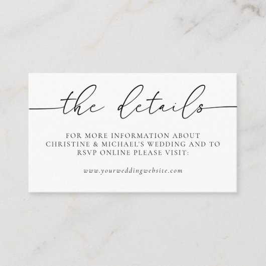 Minimale details over het legante calligrafiehuwel informatiekaartje (Voorkant)