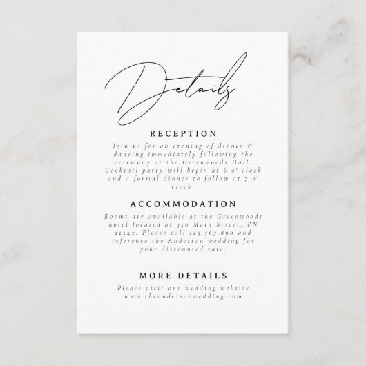 Minimale details over het script bruiloft informatiekaartje (Voorkant)