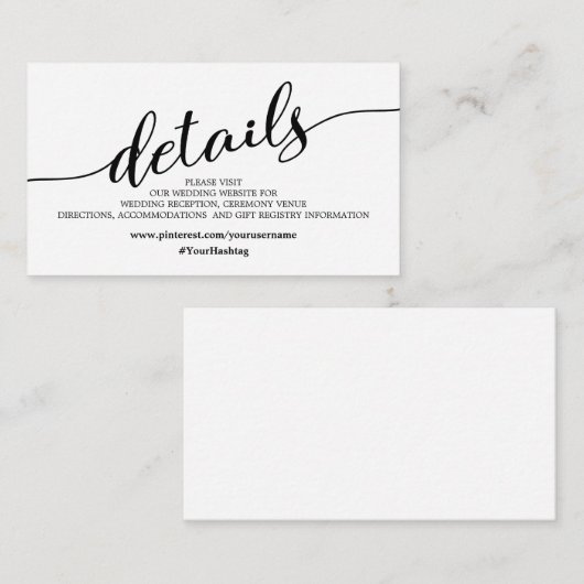 Minimale details van de mooie bruiloft informatiekaartje (Voorkant / Achterkant)