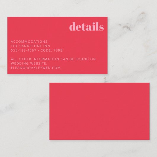 Minimale details van het donkerroze moderne huweli informatiekaartje (Voorkant / Achterkant)
