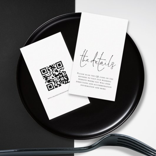 Minimale details van het Elegant Script QR Code We Informatiekaartje