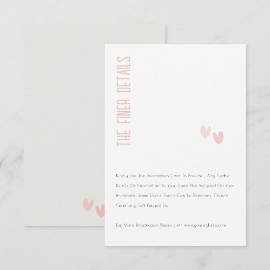 Minimale details van het elegante dusky roze hart  informatiekaartje (Voorkant / Achterkant)