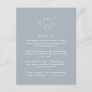 Minimale details van het mosterdblauw-monogram huw informatiekaartje