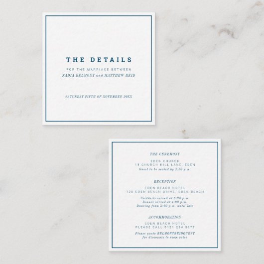 Minimale details van het witte vierkant marineschi informatiekaartje (Voorkant / Achterkant)