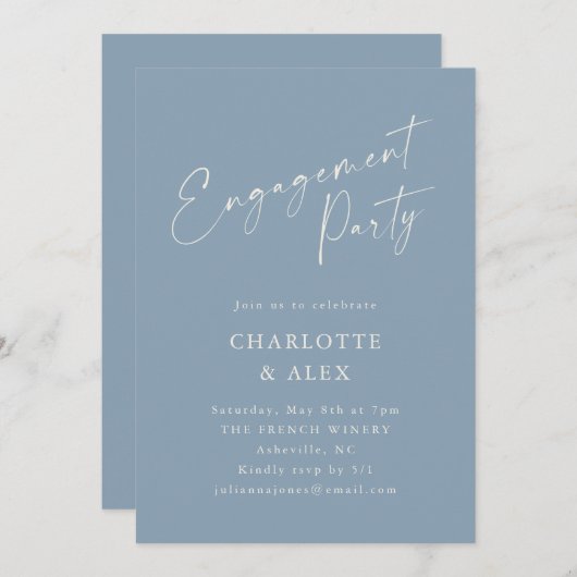 Minimale Deusty Blue Calligraphy Engagement Party Kaart (Voorkant / Achterkant)