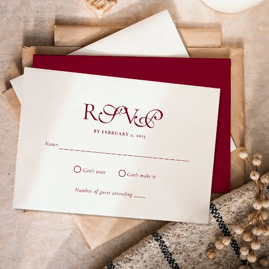 Minimale Diepe Bourgondiërende Trouwscript RSVP Kaartje