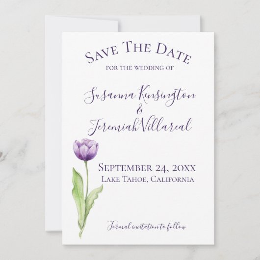 Minimale diepste Paarse Tulp foto bespaart datum Save The Date (Voorkant)