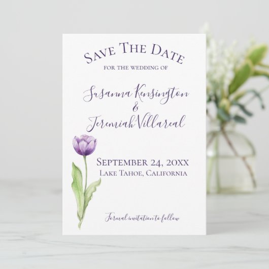 Minimale diepste Paarse Tulp foto bespaart datum Save The Date (Staand voorkant)