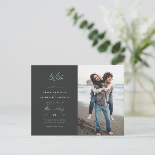 Minimale Donkere grijze en groene vertakking Weduw Uitnodiging Briefkaart (Staand voorkant)