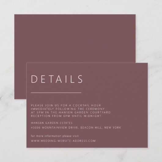 Minimale donkere Roos bruiloft details Kaart (Voorkant / Achterkant)