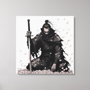 Minimale Donkere Samurai Krijger met Sakura Bloemb Canvas Afdruk