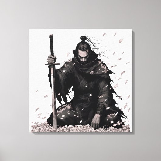 Minimale Donkere Samurai Krijger met Sakura Bloemb Canvas Afdruk (Voorkant)