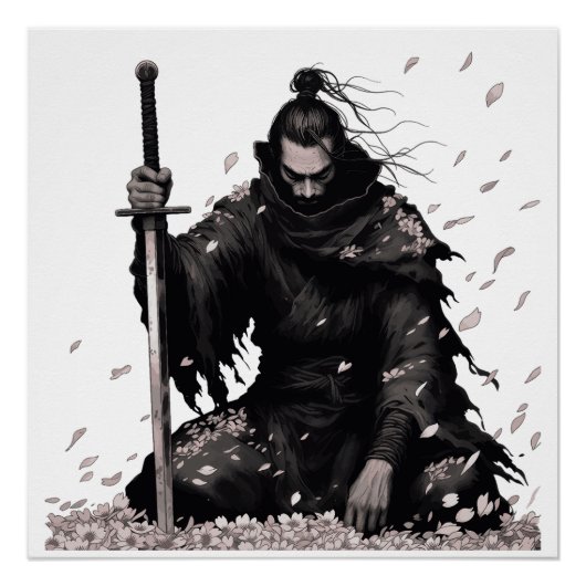Minimale Donkere Samurai Krijger met Sakura Bloemb Perfect Poster (Voorkant)