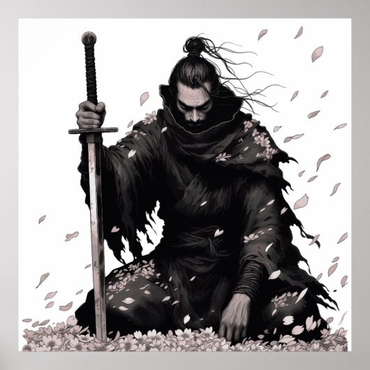 Minimale Donkere Samurai Krijger met Sakura Bloemb Poster (Voorkant)