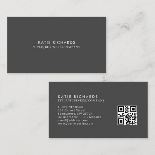 Minimale donkergrijze QR-code Visitekaartje (Voorkant / Achterkant)