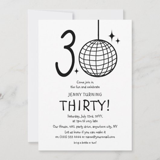 Minimale Doodle 30e Disco Ball Verjaardag Kaart (Voorkant)