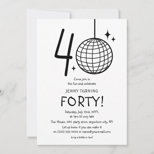 Minimale Doodle 40e Disco Ball Verjaardag Kaart (Voorkant)