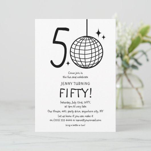 Minimale Doodle 50e Disco Ball Verjaardag Kaart (Staand voorkant)