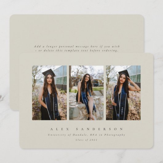 Minimale driestuksfoto van Elegant Beige Afstudere Aankondiging (Voorkant / Achterkant)